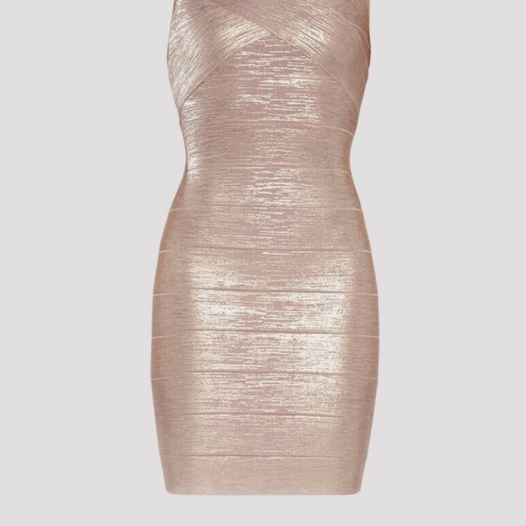 Herve Leger Criss Cross Rose Gold Foil Off The Shoulder Bandage Dress - Picture 4 of 10